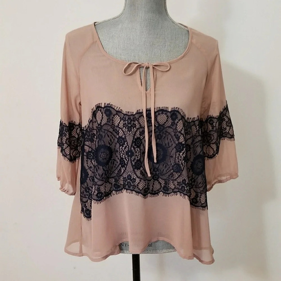 Bar III Womens Navy Lace Semi Sheer Blouse Small - Picture 1 of 8